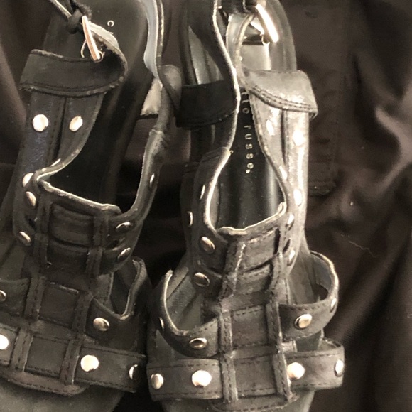 Black and Silver denim studded wedge sandals - Picture 5 of 7